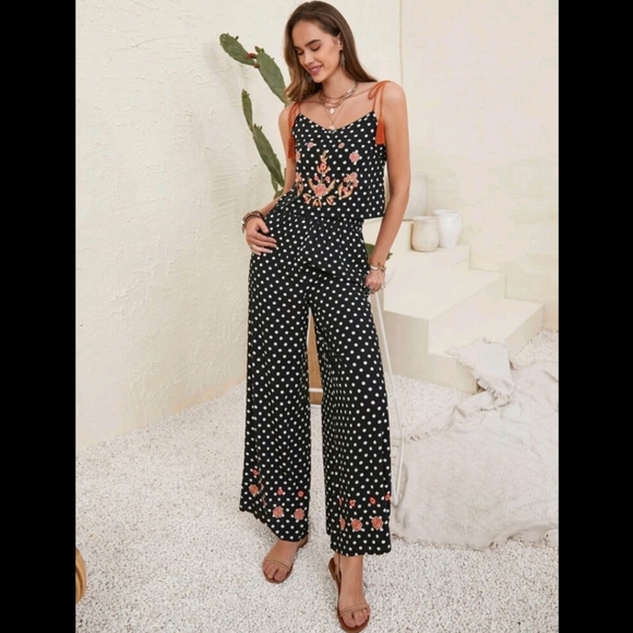 Polka Dot Floral Embroidered  Cami Top & Wide Leg Pants - Picture 5 of 8